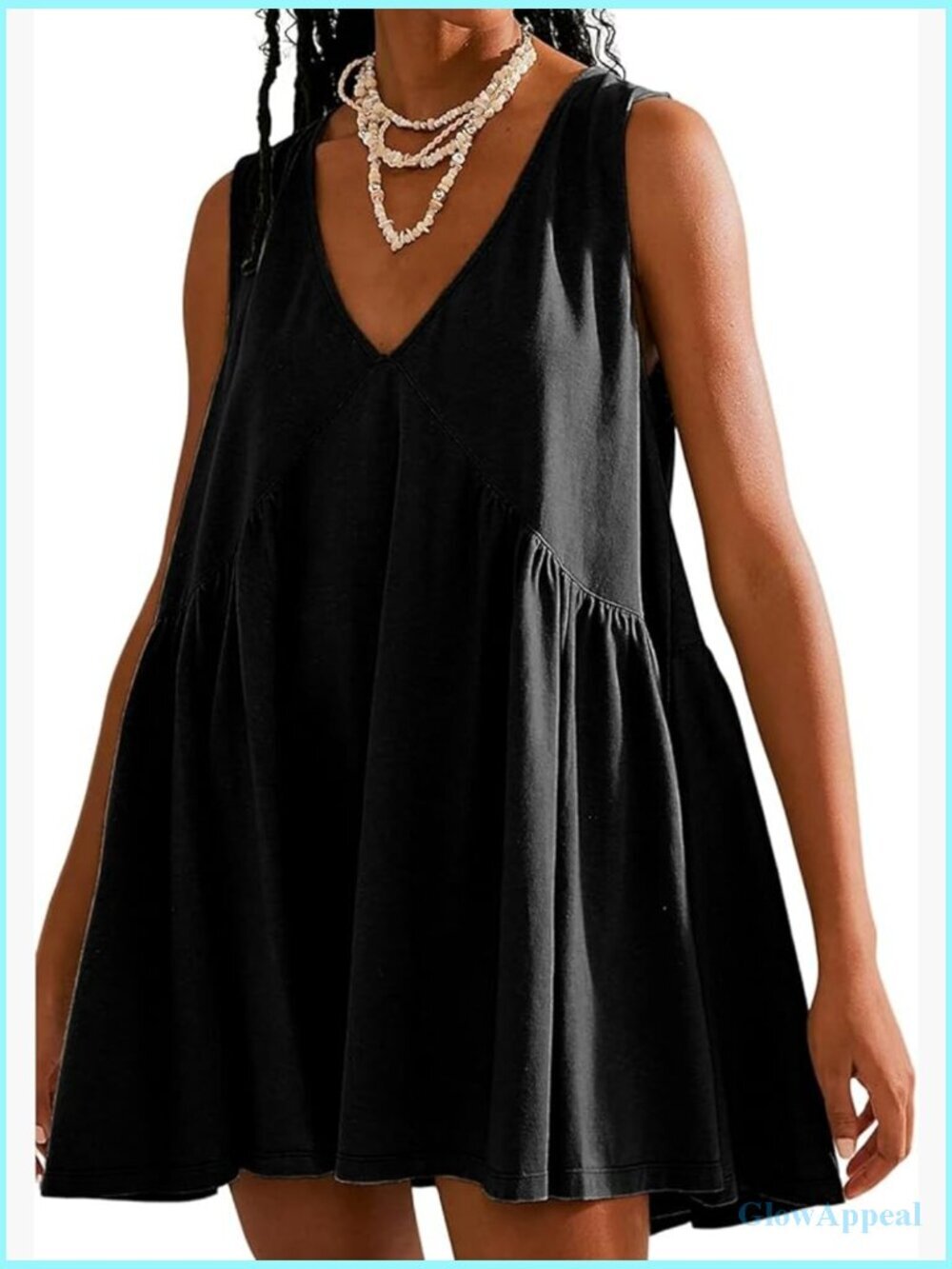 V Neck Sleeveless Mini Dress Loose Pleated Swing Sundress